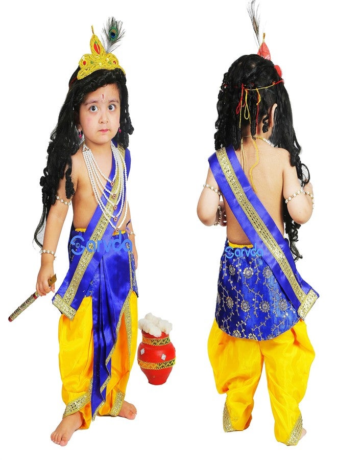 Sarvda Brocade Shree Krishna Dress For Baby Boy & Radha Dress For Girls | Janamashtami Dress | Fancy Dress Costume With Accessories Dhoti, Dupatta, Mukut Flute Complete Set, Ethnic Wear - Image 1
